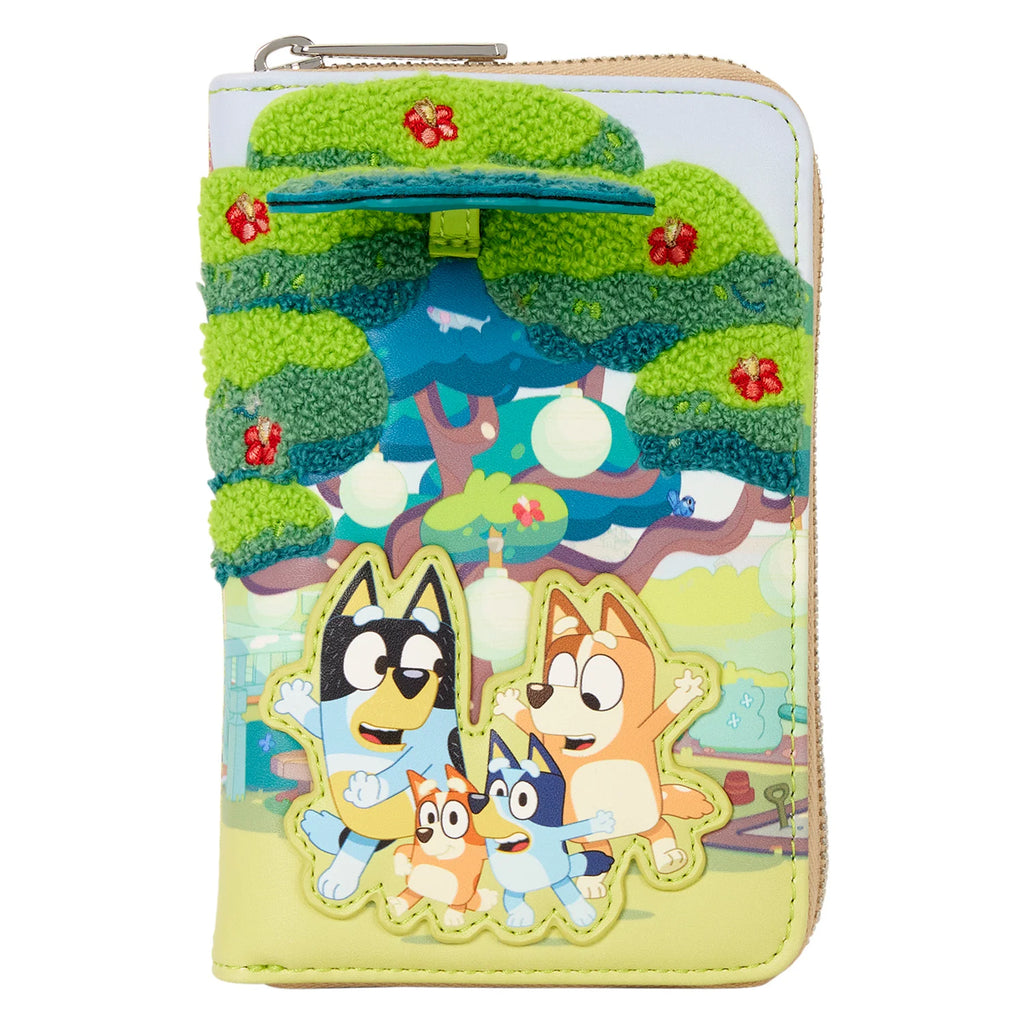 Portefeuille Loungefly Bluey zippé – vue de trois quarts et relief chenille