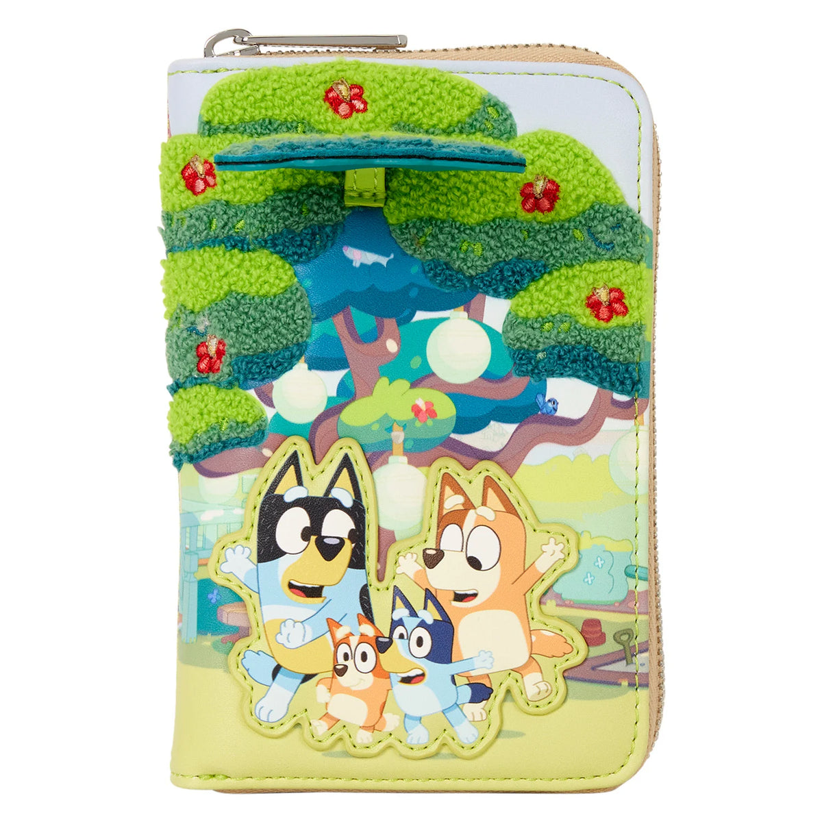 Portefeuille Loungefly Bluey zippé – vue de trois quarts et relief chenille