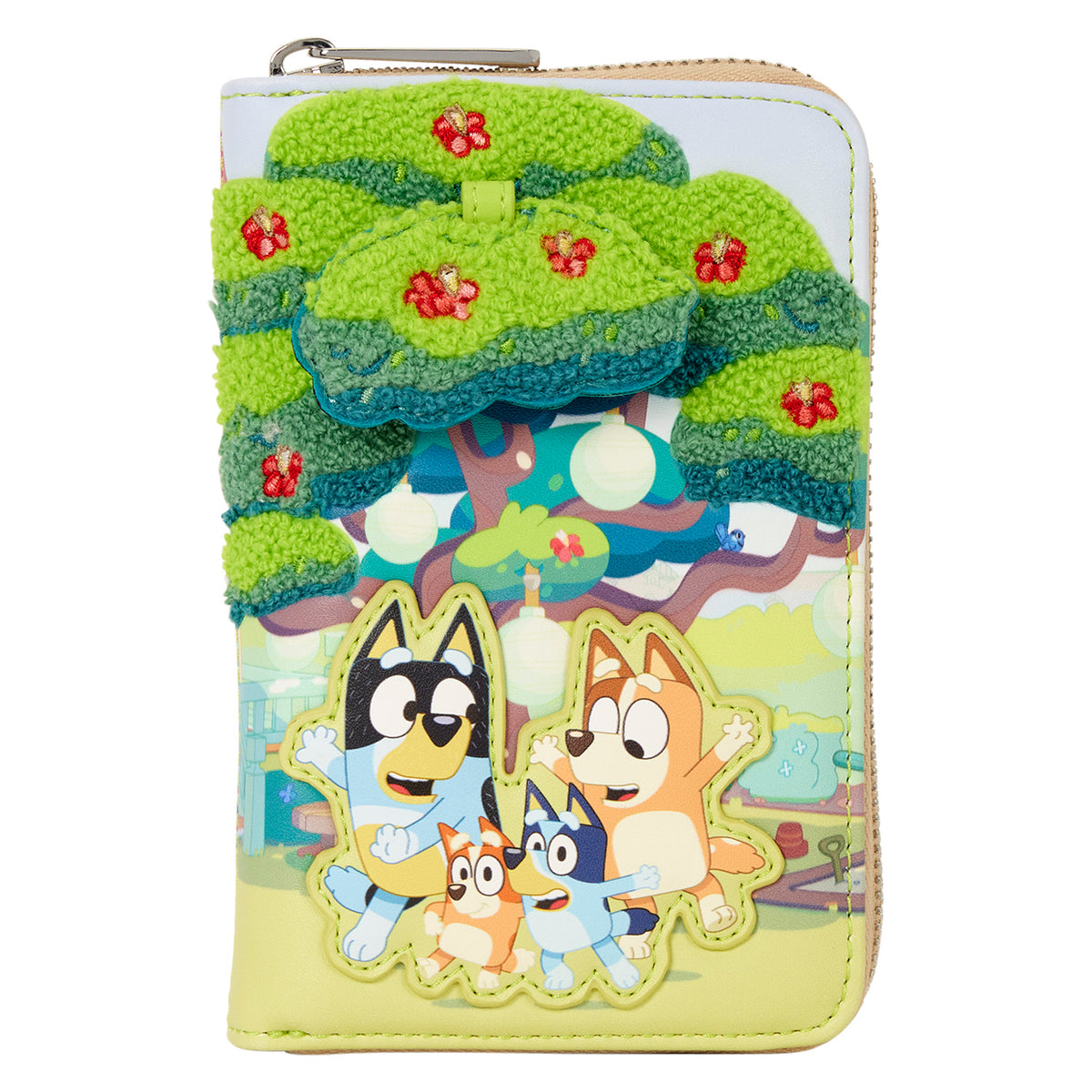 Portefeuille Loungefly Bluey Backyard avec Bluey, Bingo et les arbres en relief – face avant