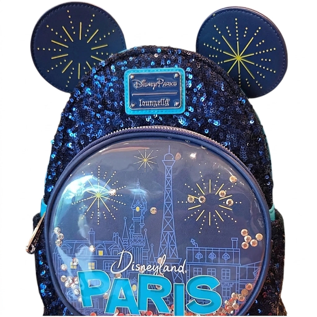 Sac à dos Loungefly Disneyland Paris à sequins avec oreilles Mickey et poche boule à neige