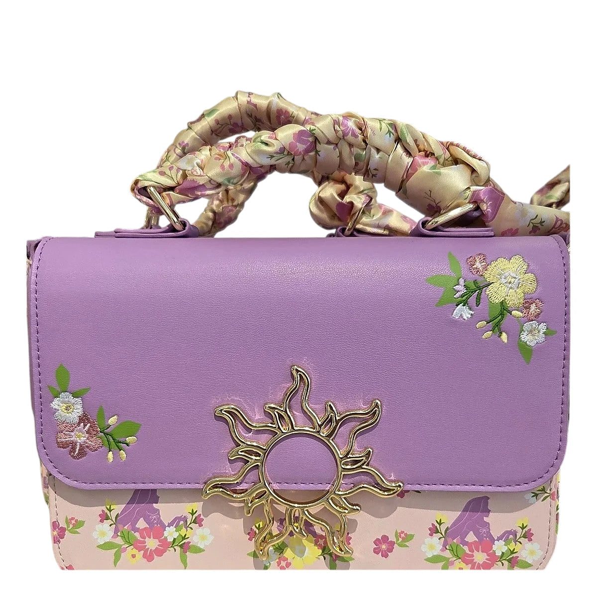 Sac à main Loungefly Raiponce Disneyland Paris violet avec fleurs et fermoir soleil doré
