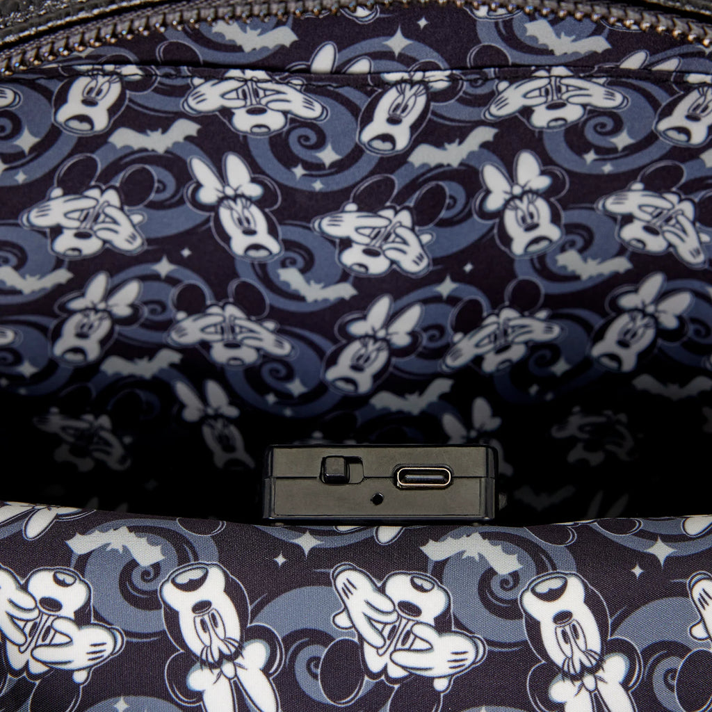Intérieur du sac Loungefly Disney Mickey et Minnie Halloween avec module lumineux rechargeable